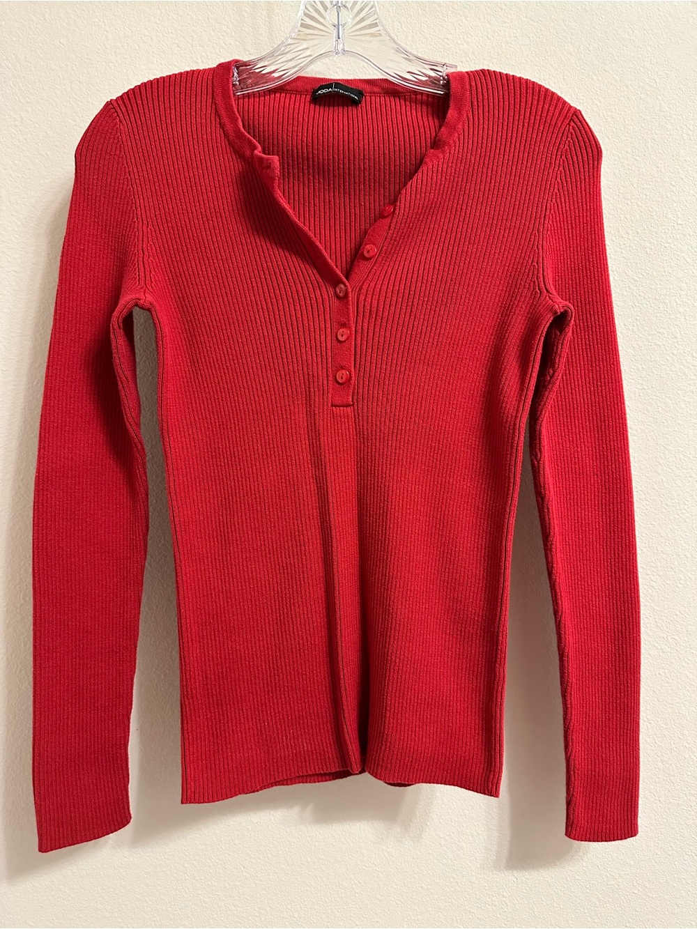 Moda International Women's Red Ribbed Button Henley Sweater size S